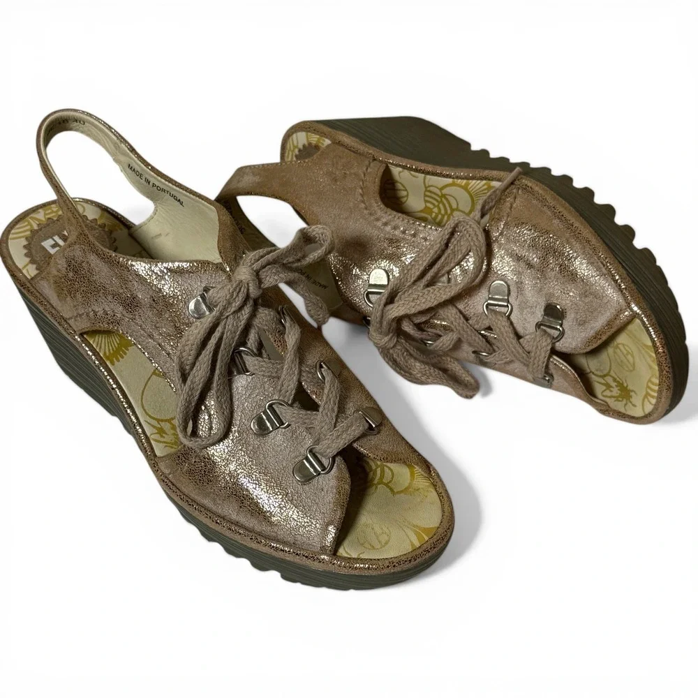 FLY LONDON Ylva Metallic Distressed Leather‎ Wedge Sandals Lace Up EU 40 Size 9